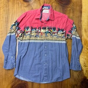 Vintage 90s 1994 Looney Tunes Western Shirt Cotton Pearl Snap Taz Y4-16